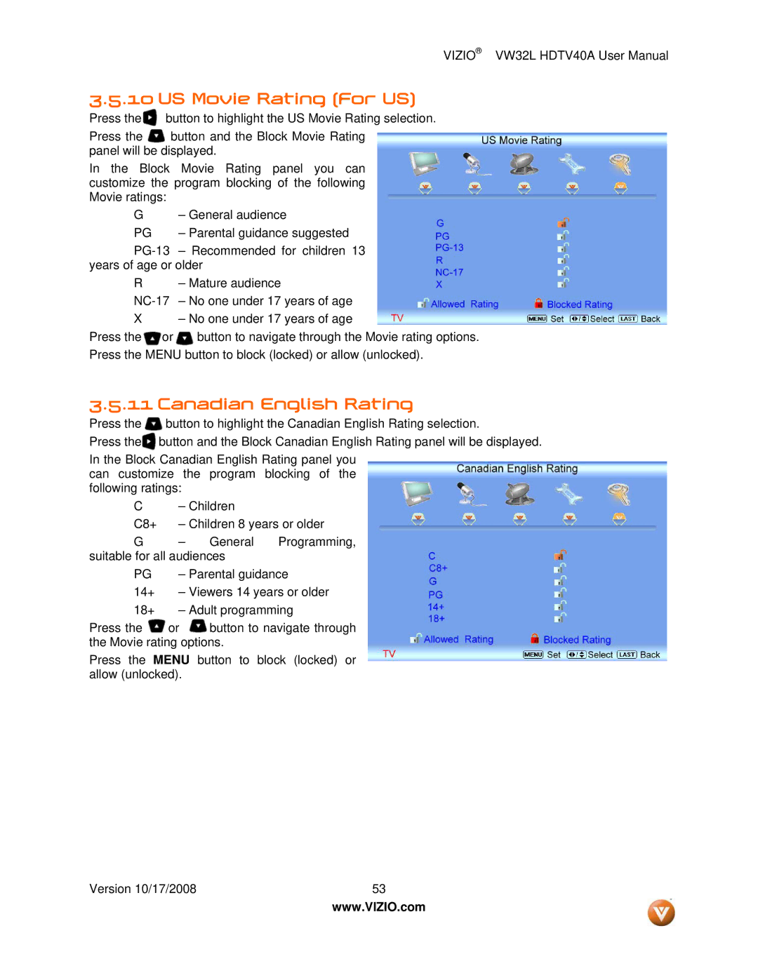 Vizio VW32L HDTV40A user manual US Movie Rating For US, Canadian English Rating 