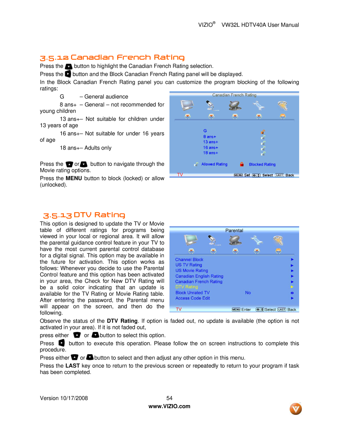 Vizio VW32L HDTV40A user manual Canadian French Rating, DTV Rating 