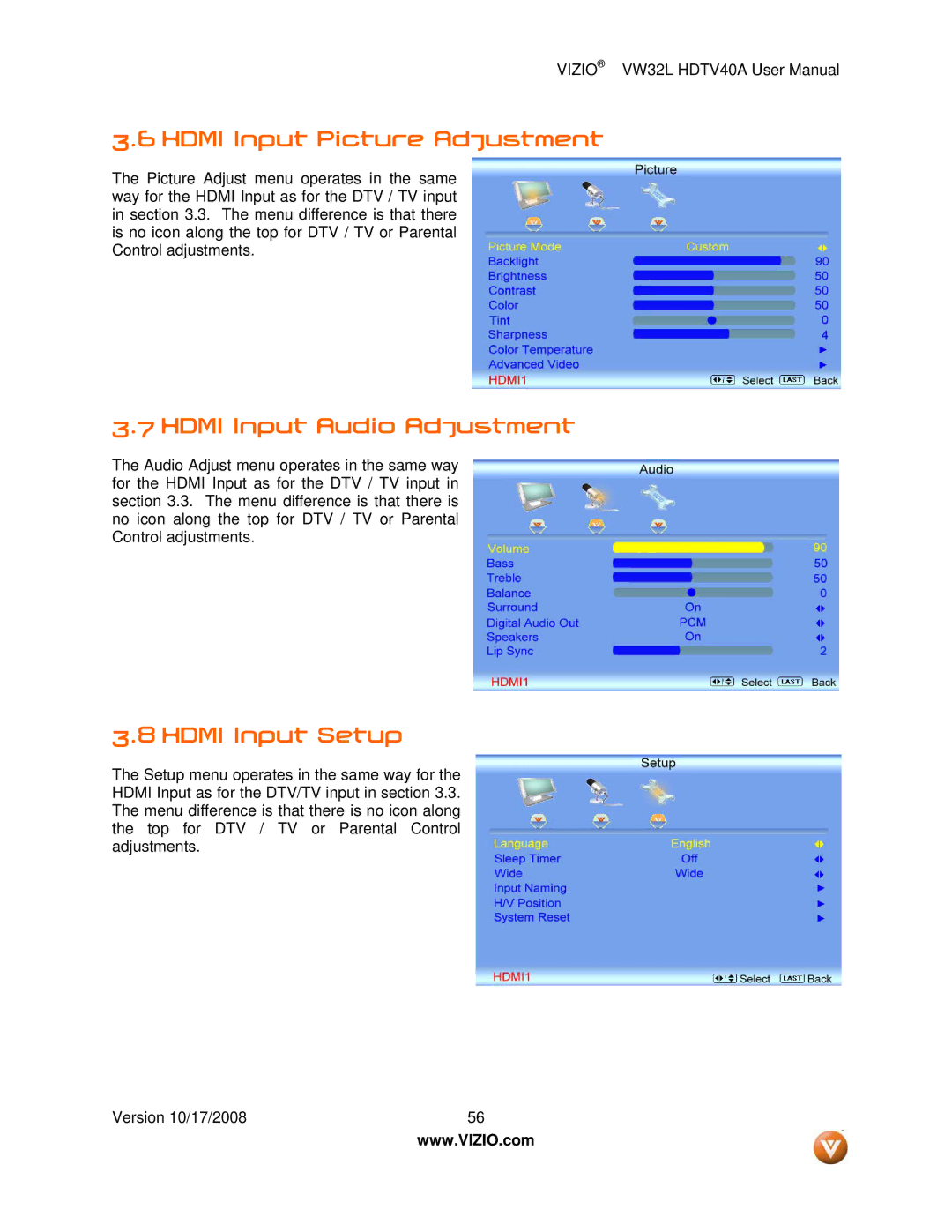 Vizio VW32L HDTV40A user manual Hdmi Input Picture Adjustment, Hdmi Input Audio Adjustment, Hdmi Input Setup 