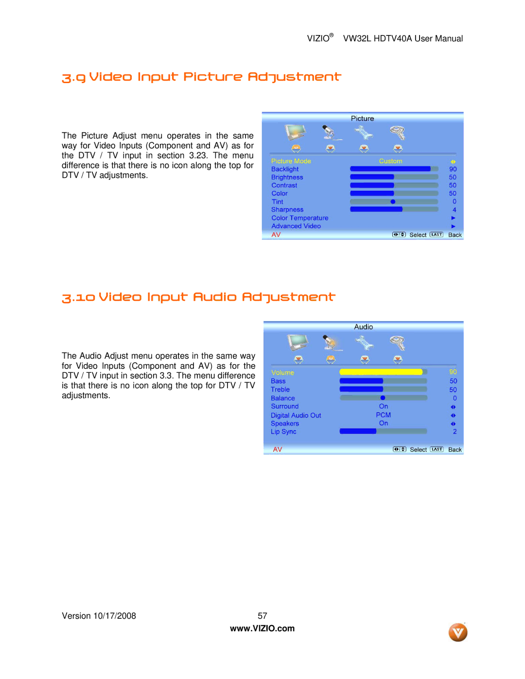 Vizio VW32L HDTV40A user manual Video Input Picture Adjustment, Video Input Audio Adjustment 