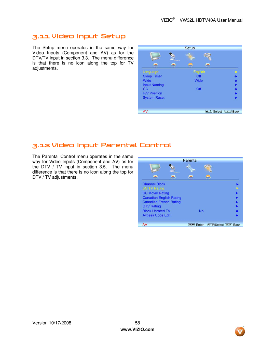 Vizio VW32L HDTV40A user manual Video Input Setup, Video Input Parental Control 