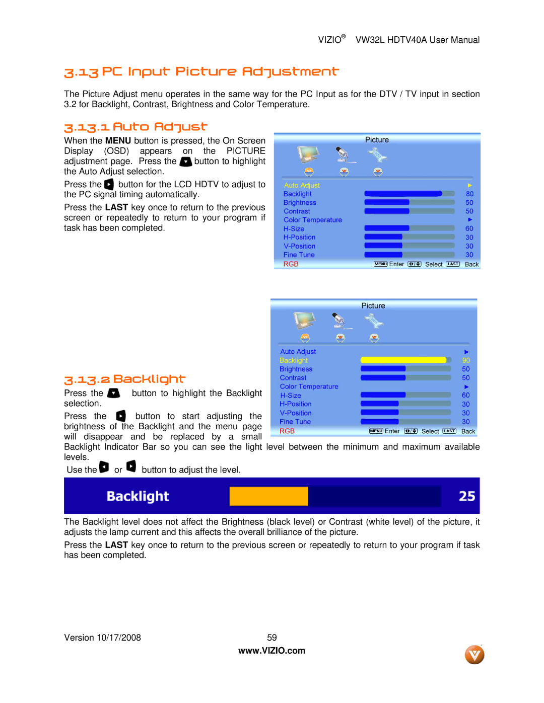 Vizio VW32L HDTV40A user manual PC Input Picture Adjustment, Auto Adjust 