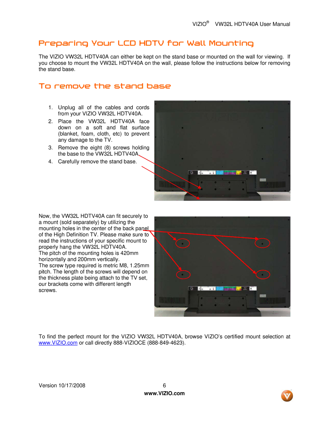 Vizio VW32L HDTV40A user manual Preparing Your LCD Hdtv for Wall Mounting, To remove the stand base 