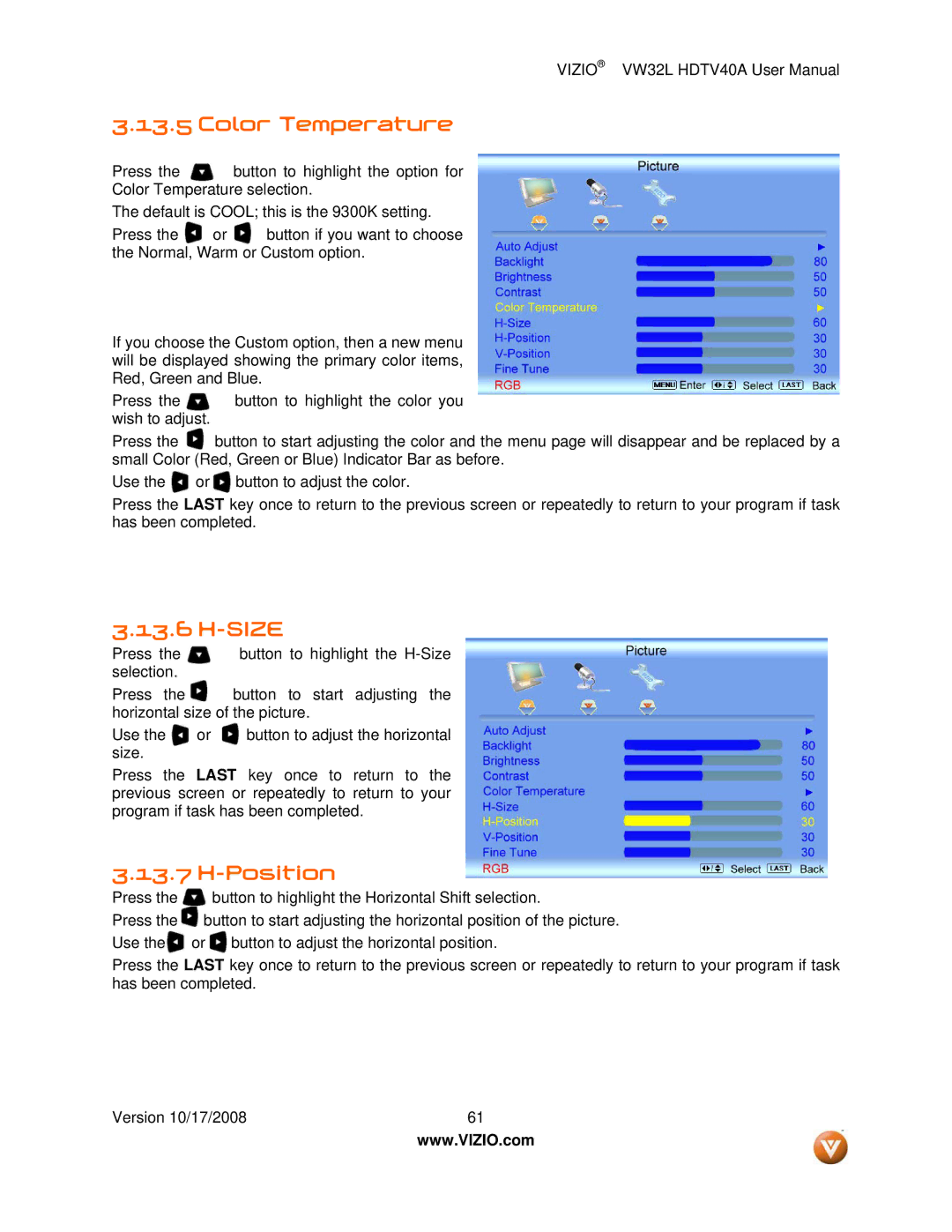 Vizio VW32L HDTV40A user manual Size, Position 