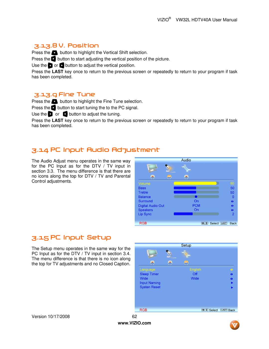 Vizio VW32L HDTV40A user manual PC Input Audio Adjustment, PC Input Setup, 13.8 V. Position, Fine Tune 