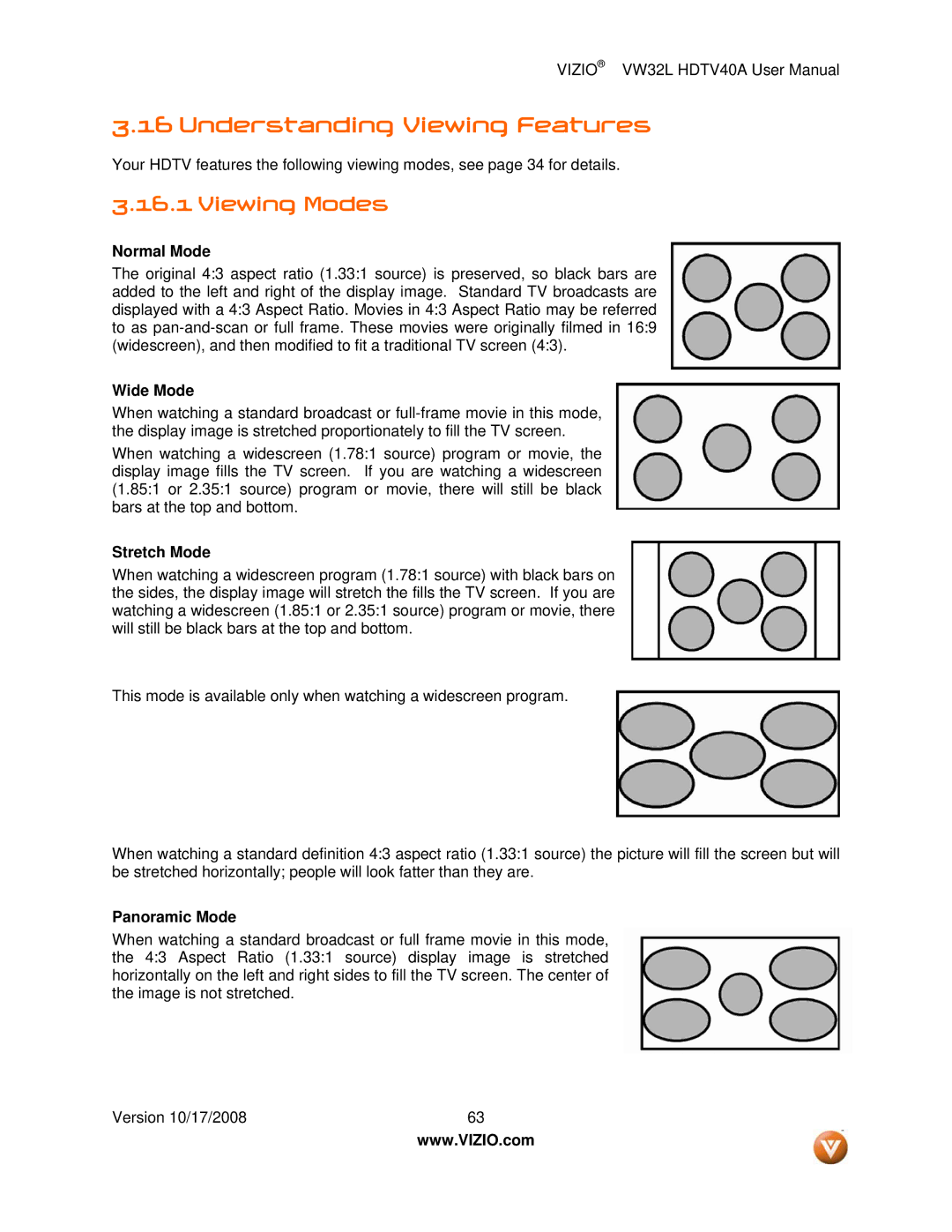 Vizio VW32L HDTV40A user manual Understanding Viewing Features, Viewing Modes 