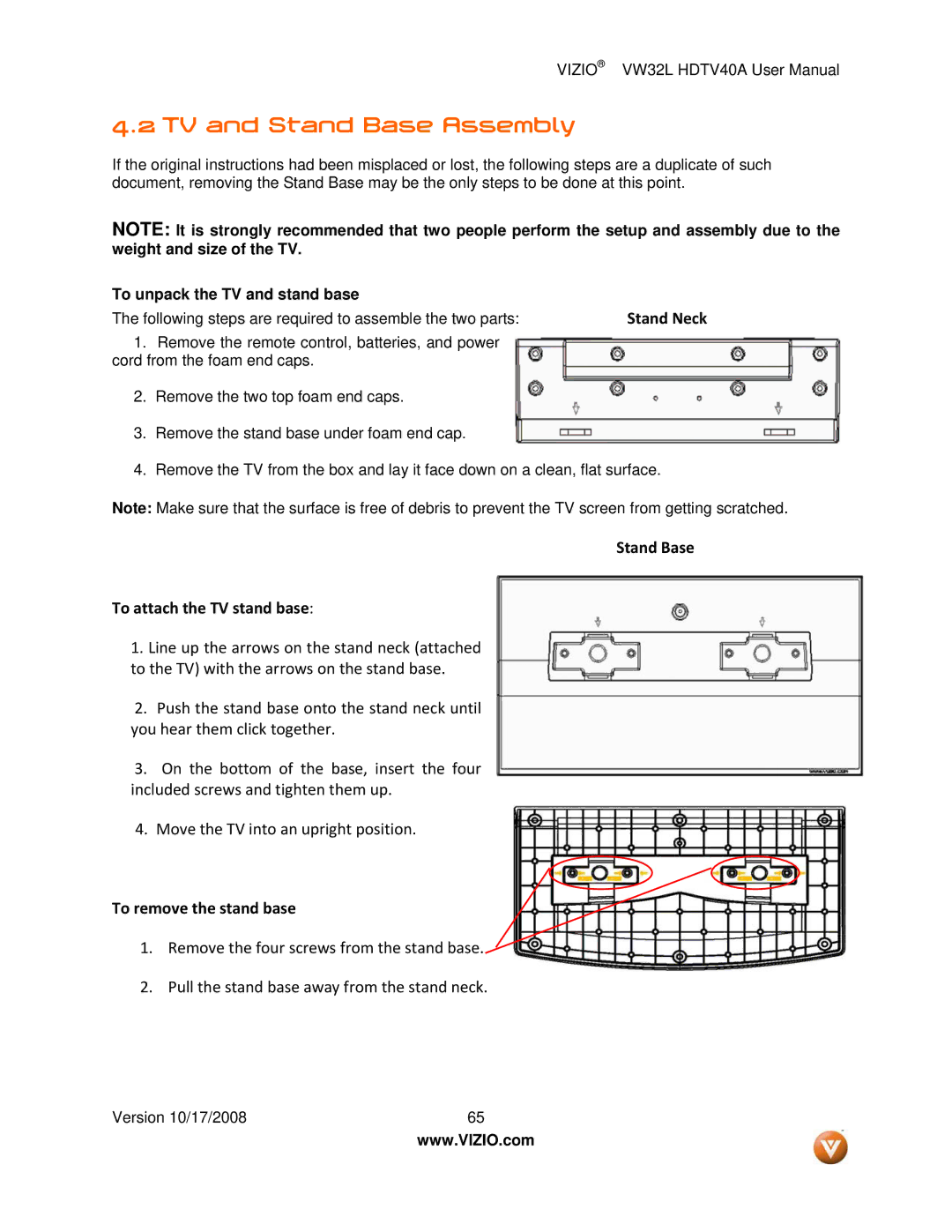 Vizio VW32L HDTV40A user manual TV and Stand Base Assembly, Stand Neck 