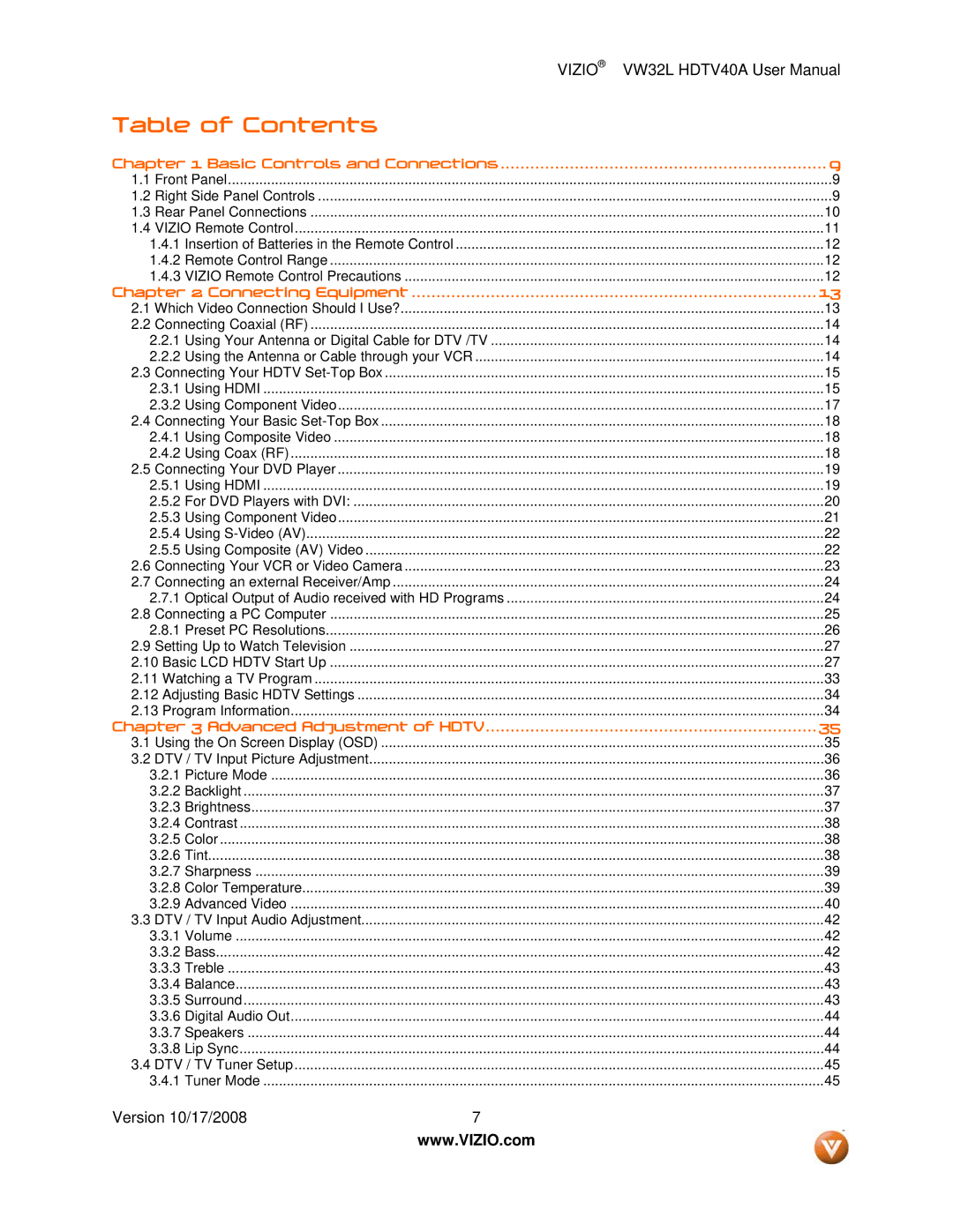 Vizio VW32L HDTV40A user manual Table of Contents 