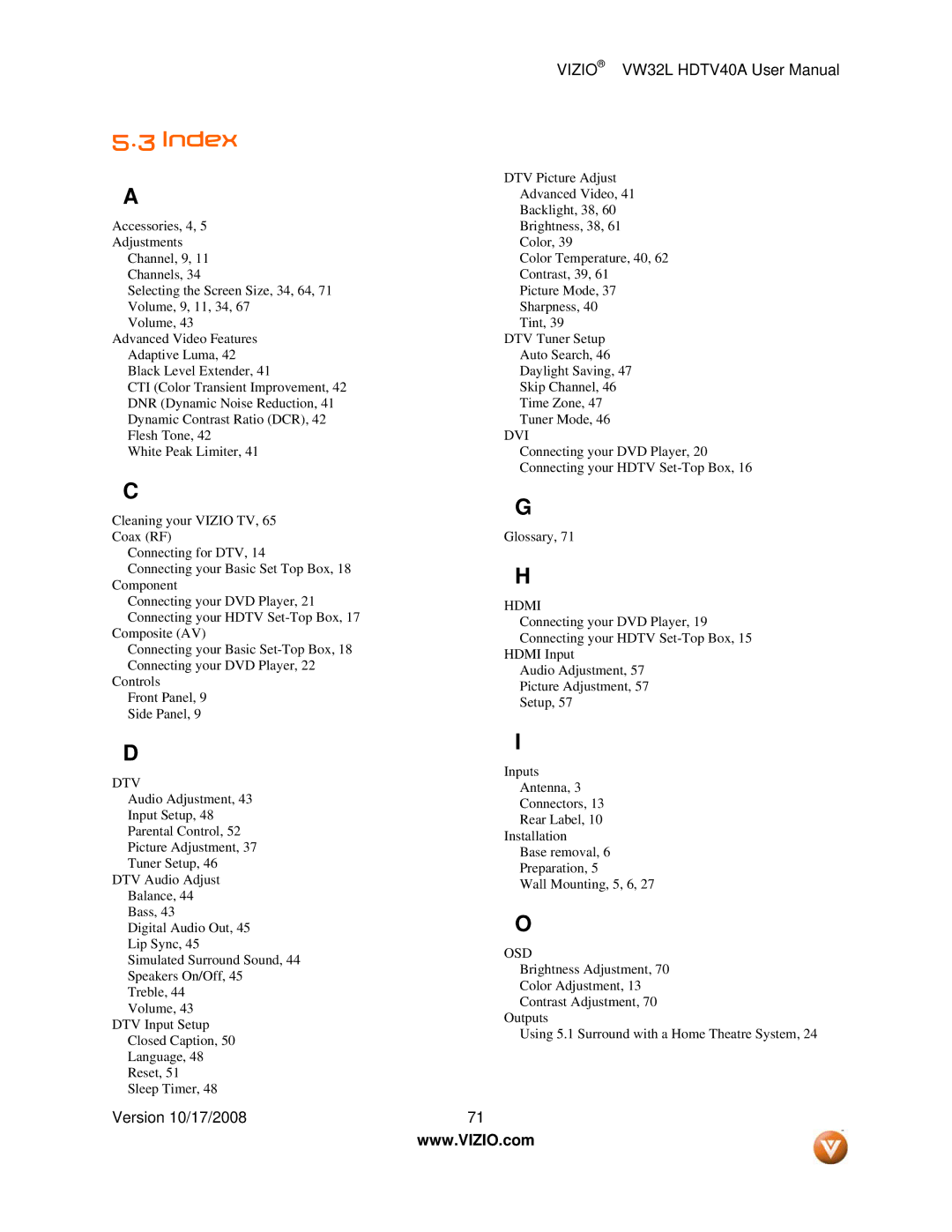 Vizio VW32L HDTV40A user manual Index, Hdmi 