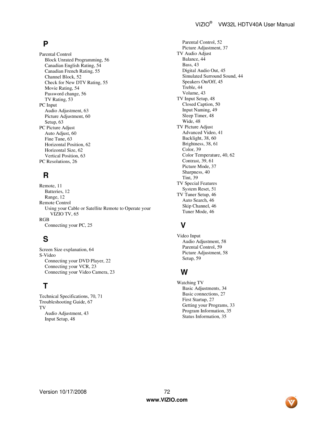 Vizio VW32L HDTV40A user manual Vizio TV RGB 