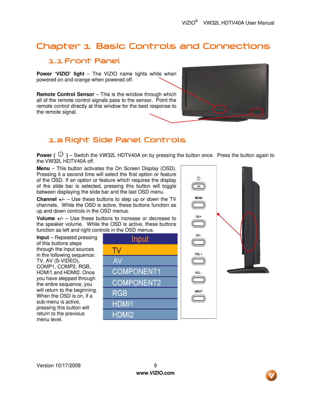 Vizio VW32L HDTV40A user manual Front Panel, Right Side Panel Controls 