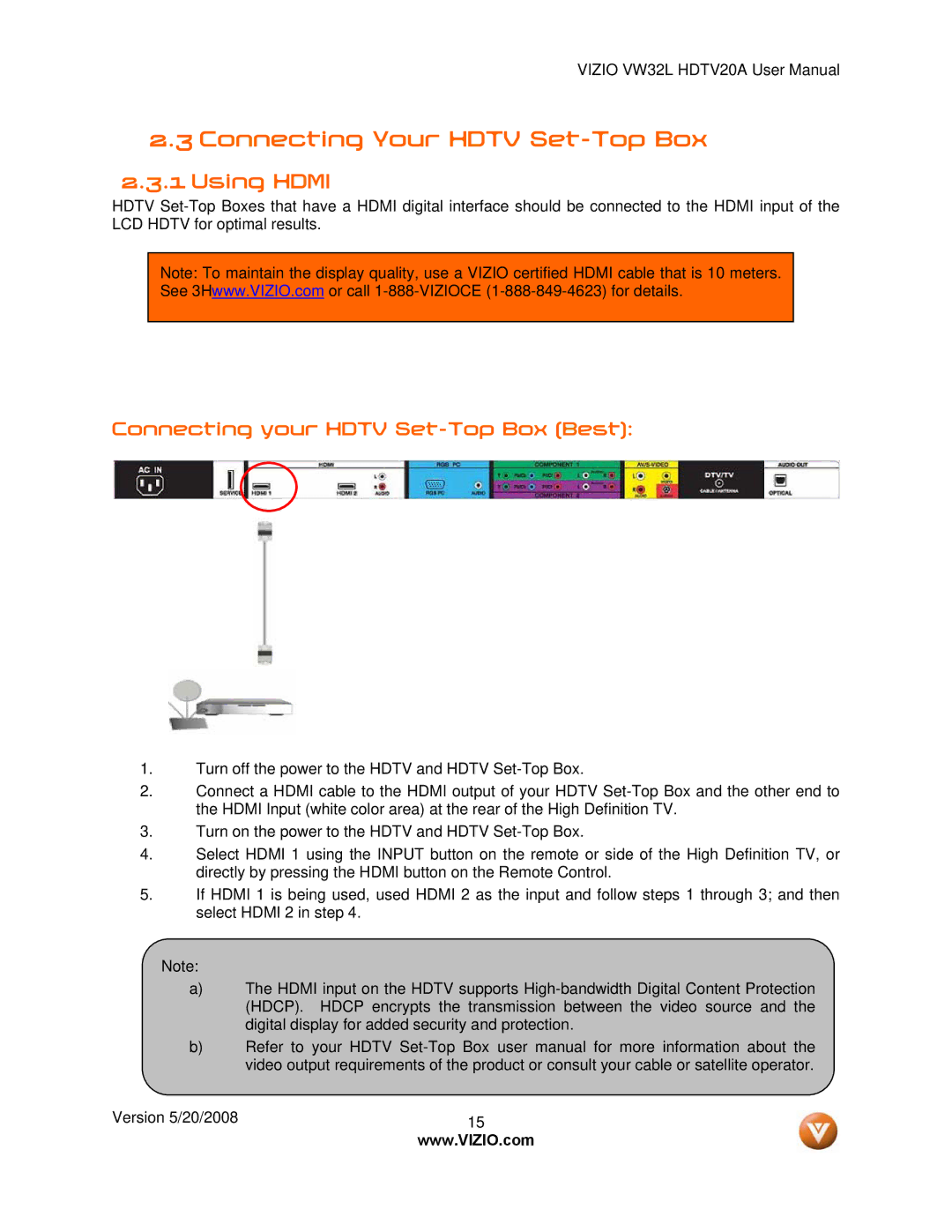 Vizio VW32L manual Connecting Your Hdtv Set-Top Box, Using Hdmi, Connecting your Hdtv Set-Top Box Best 