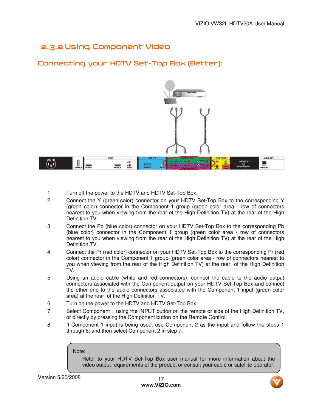 Vizio VW32L manual Using Component Video, Connecting your Hdtv Set-Top Box Better 