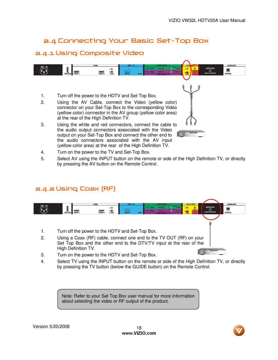 Vizio VW32L manual Connecting Your Basic Set-Top Box, Using Composite Video, Using Coax RF 