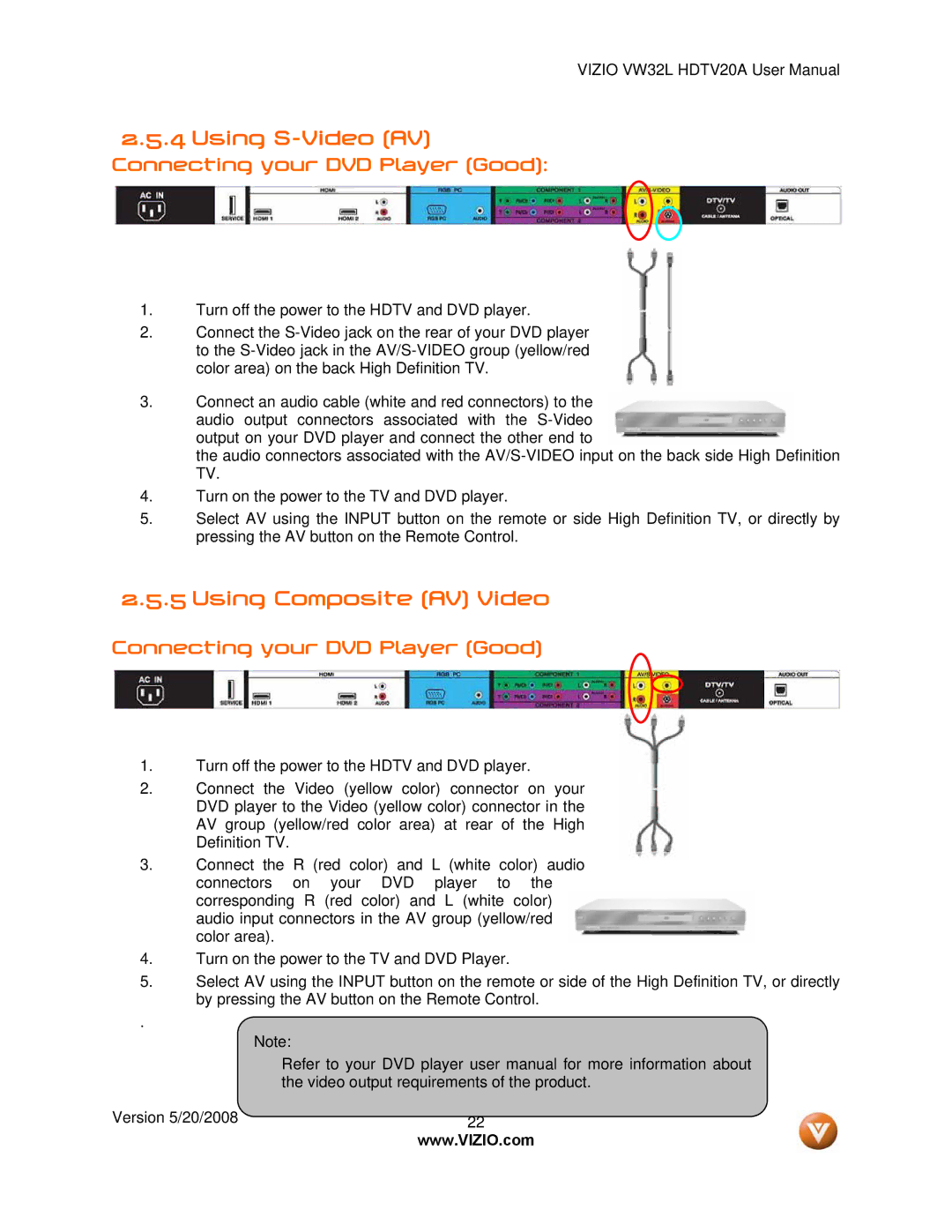 Vizio VW32L manual Using S-Video AV, Using Composite AV Video, Connecting your DVD Player Good 