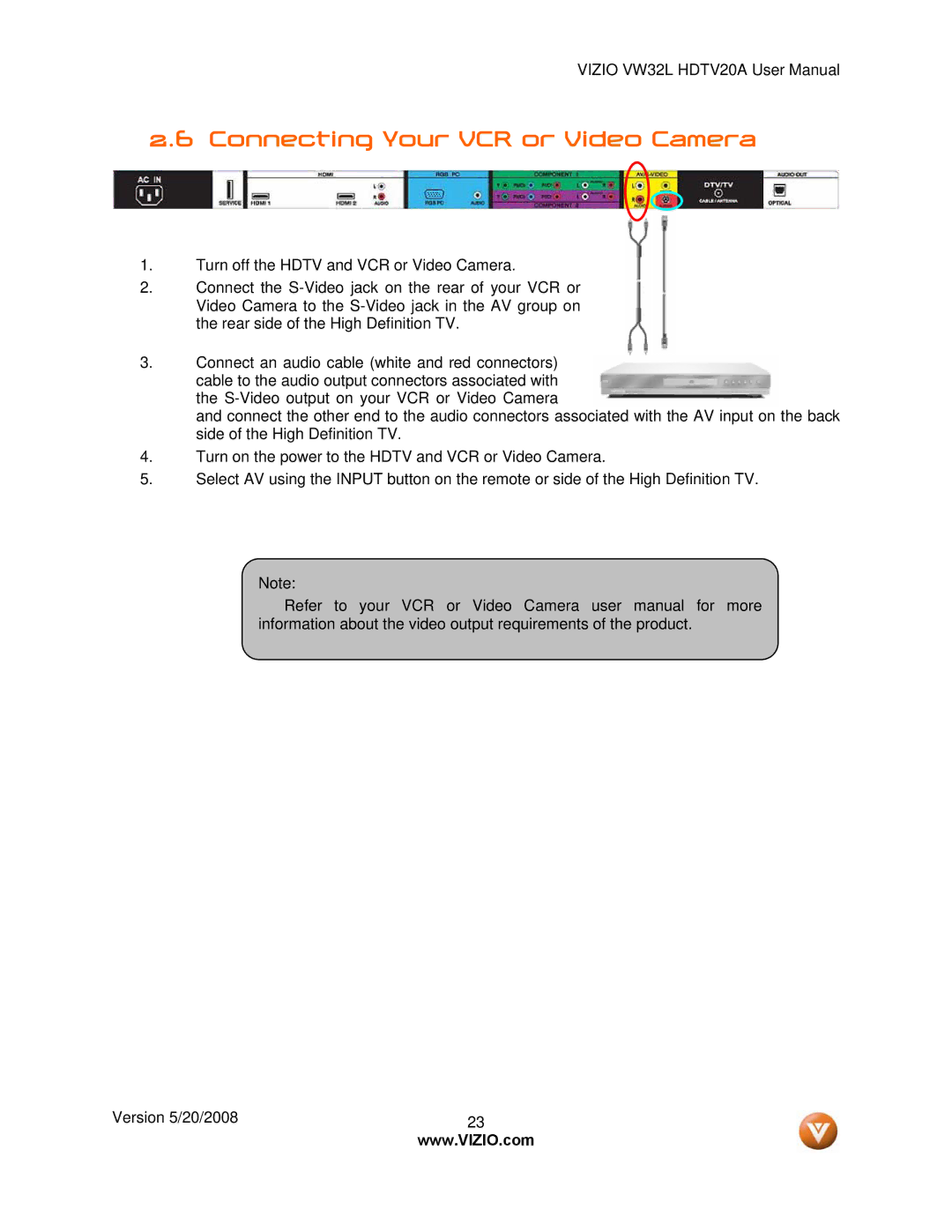 Vizio VW32L manual Connecting Your VCR or Video Camera 