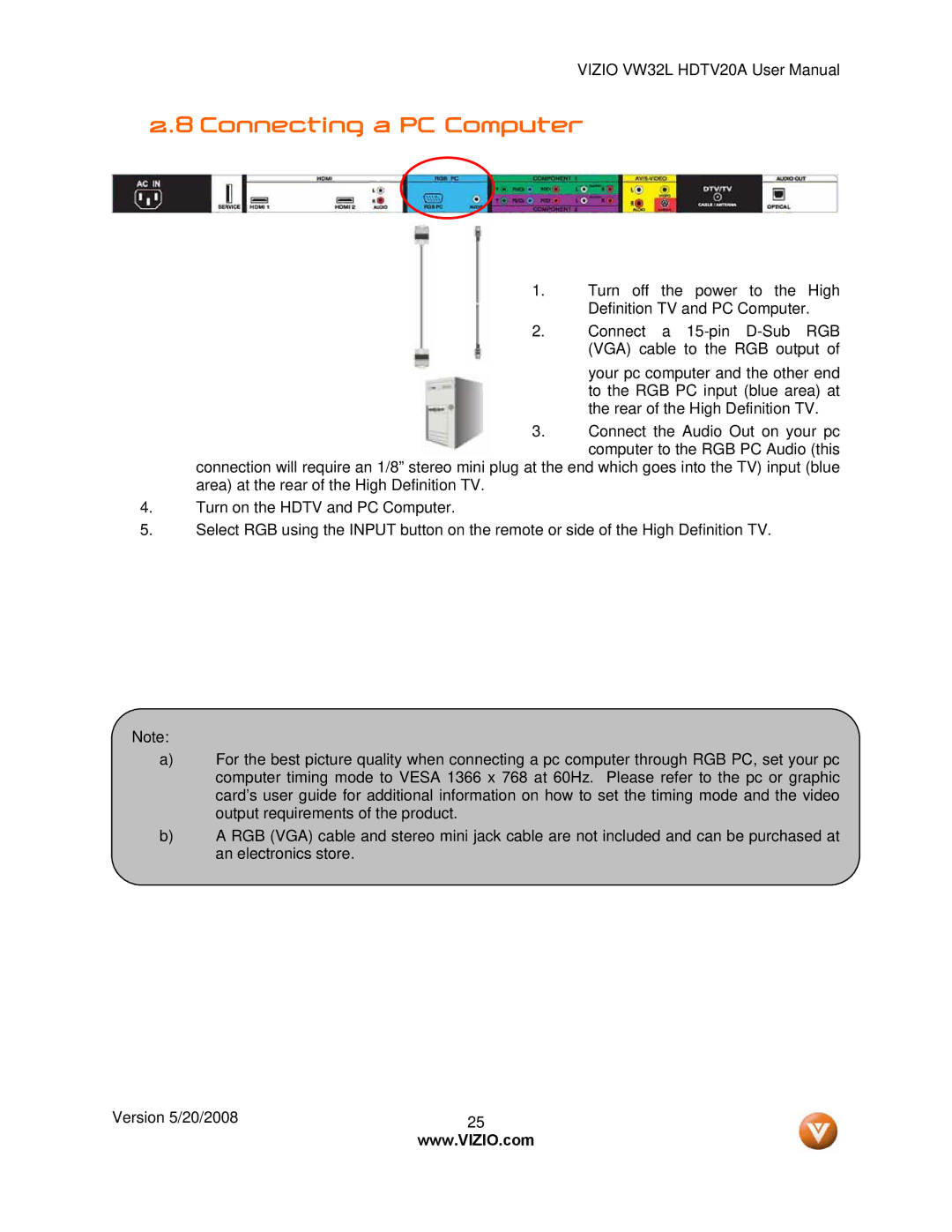 Vizio VW32L manual Connecting a PC Computer 