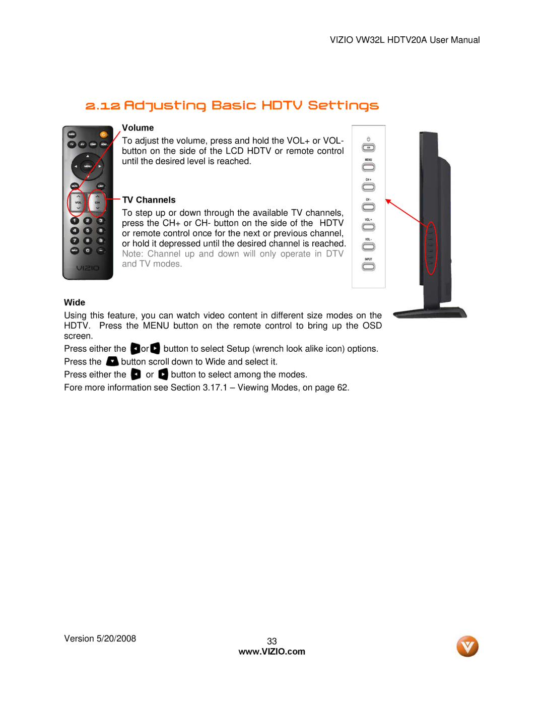 Vizio VW32L manual Adjusting Basic Hdtv Settings, Volume, TV Channels, Wide 