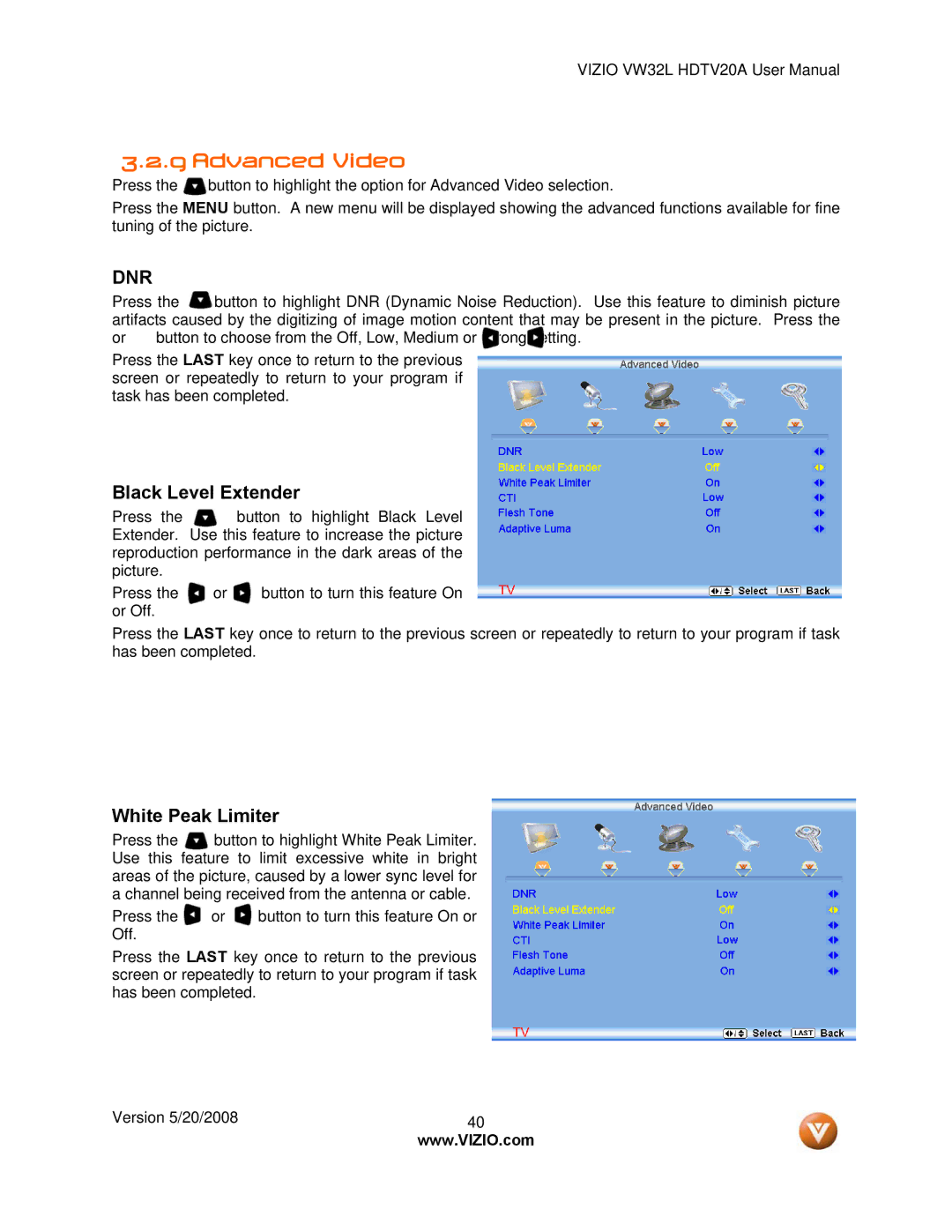 Vizio VW32L manual Advanced Video, Dnr 
