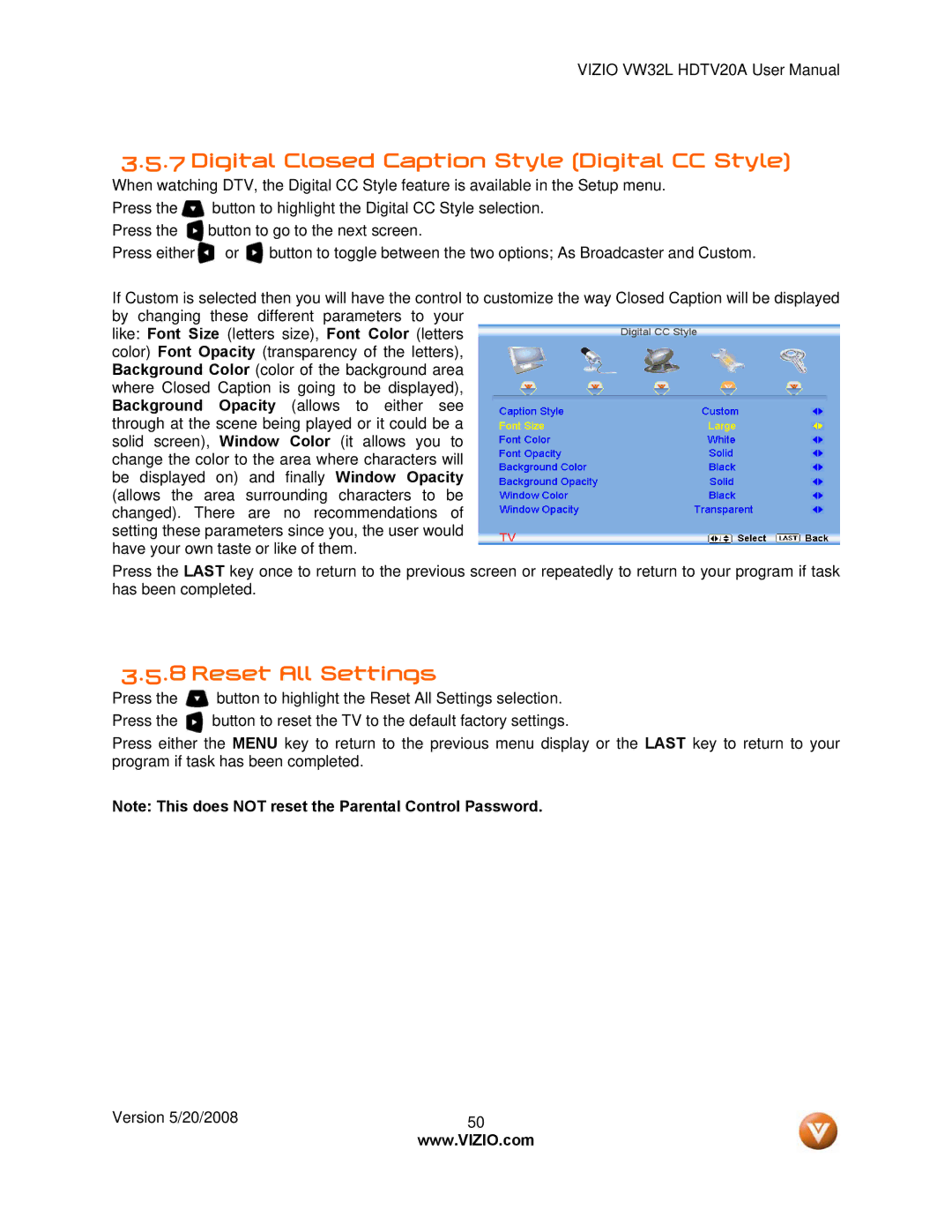 Vizio VW32L manual Digital Closed Caption Style Digital CC Style, Reset All Settings 