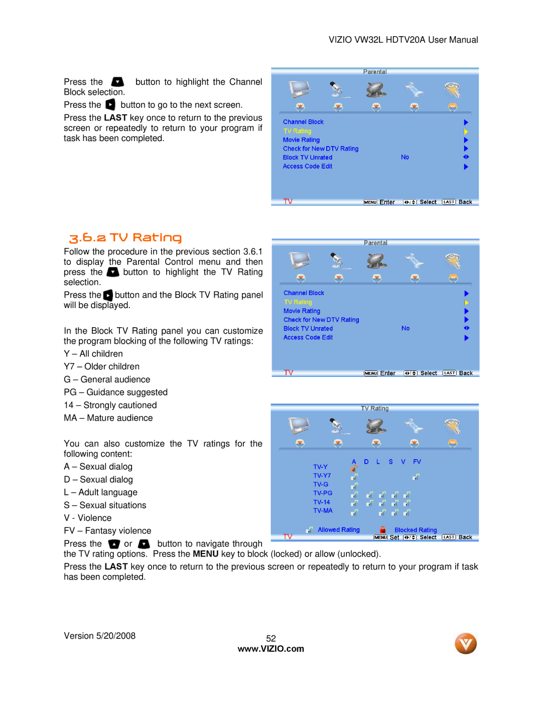 Vizio VW32L manual TV Rating 