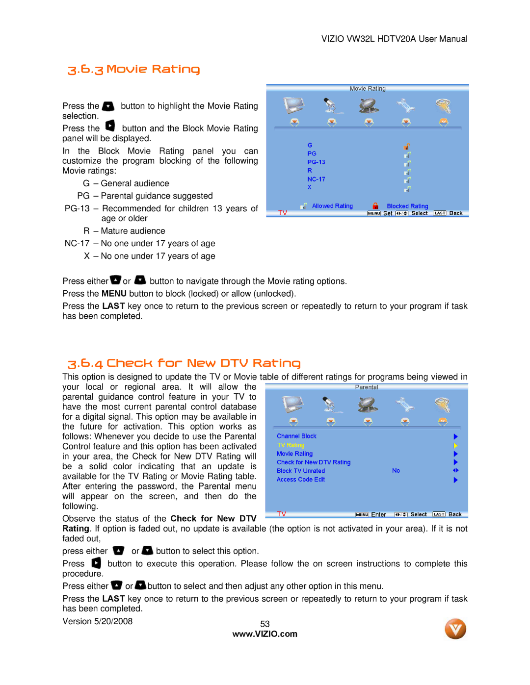 Vizio VW32L manual Movie Rating, Check for New DTV Rating 