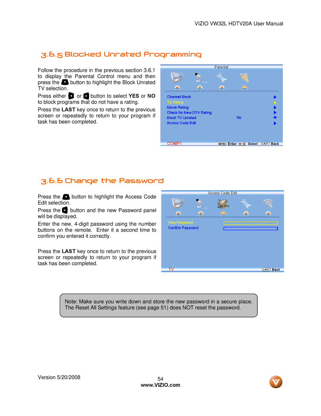 Vizio VW32L manual Blocked Unrated Programming, Change the Password 