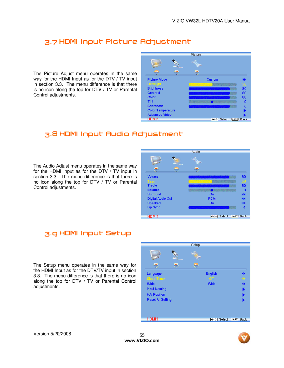 Vizio VW32L manual Hdmi Input Picture Adjustment, Hdmi Input Audio Adjustment, Hdmi Input Setup 