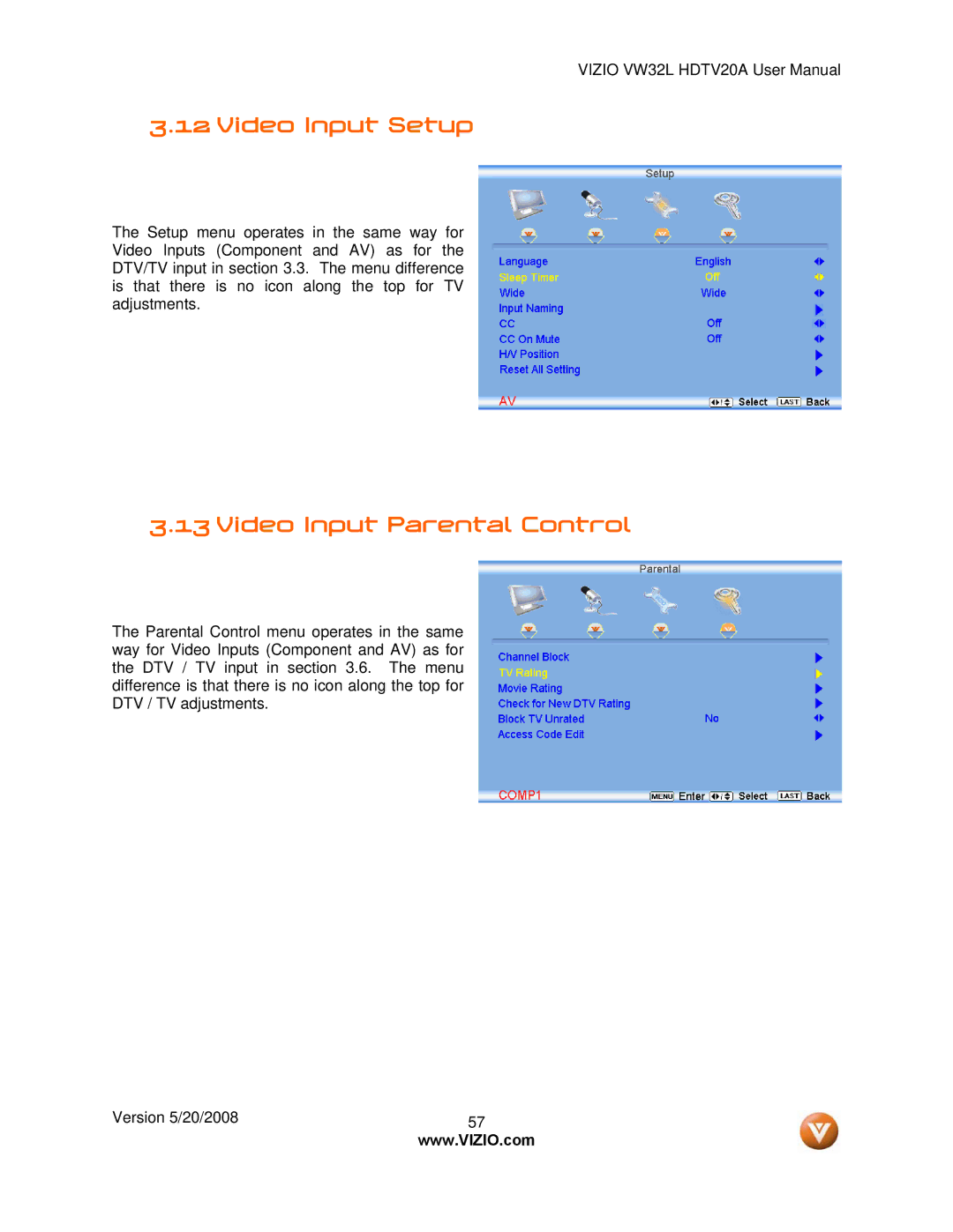 Vizio VW32L manual Video Input Setup, Video Input Parental Control 