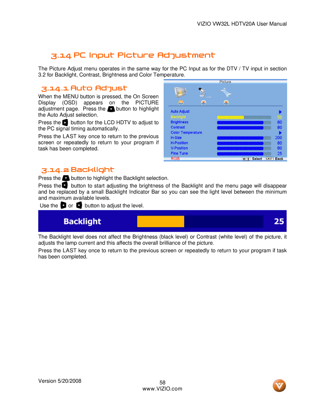 Vizio VW32L manual PC Input Picture Adjustment, Auto Adjust 