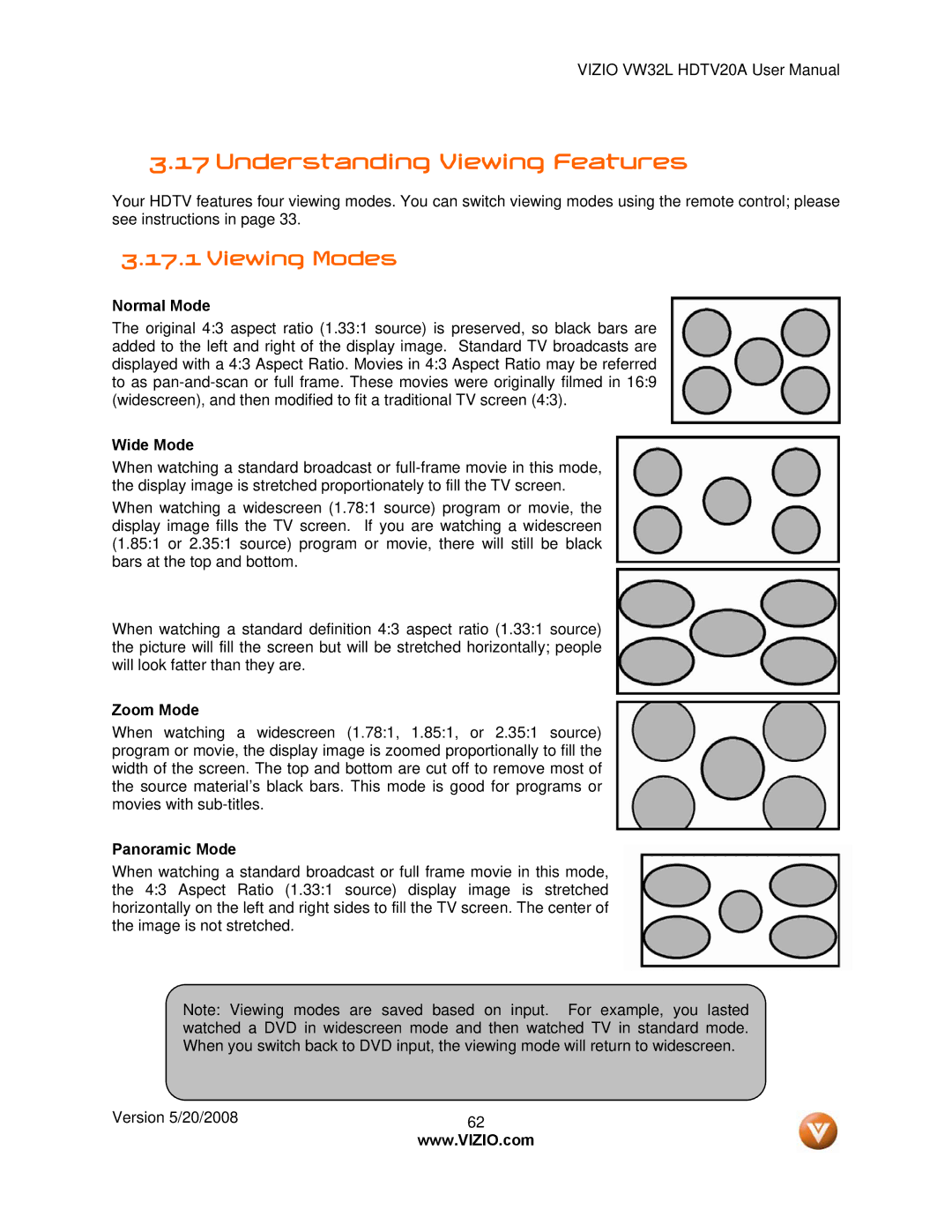 Vizio VW32L manual Understanding Viewing Features, Viewing Modes 