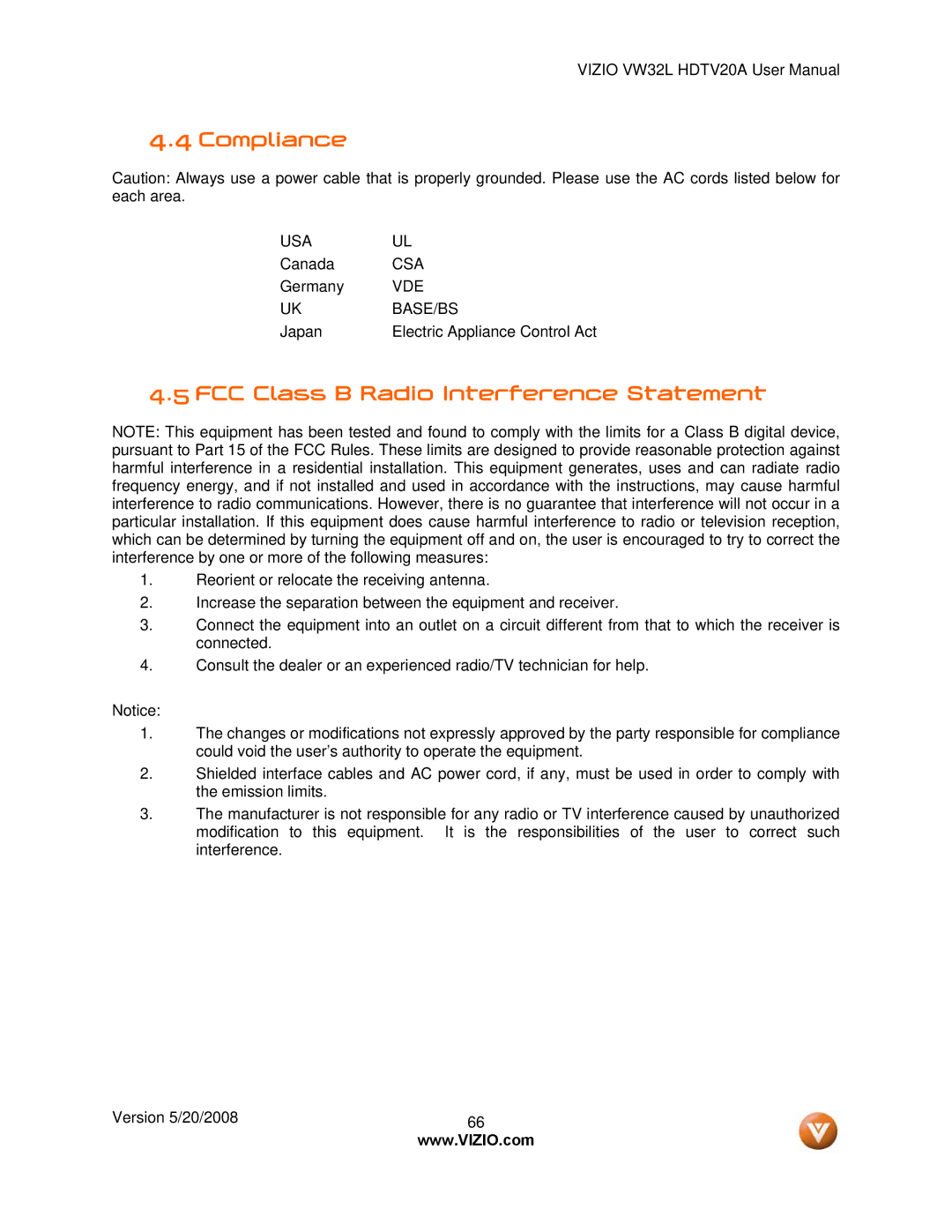 Vizio VW32L manual Compliance, FCC Class B Radio Interference Statement 