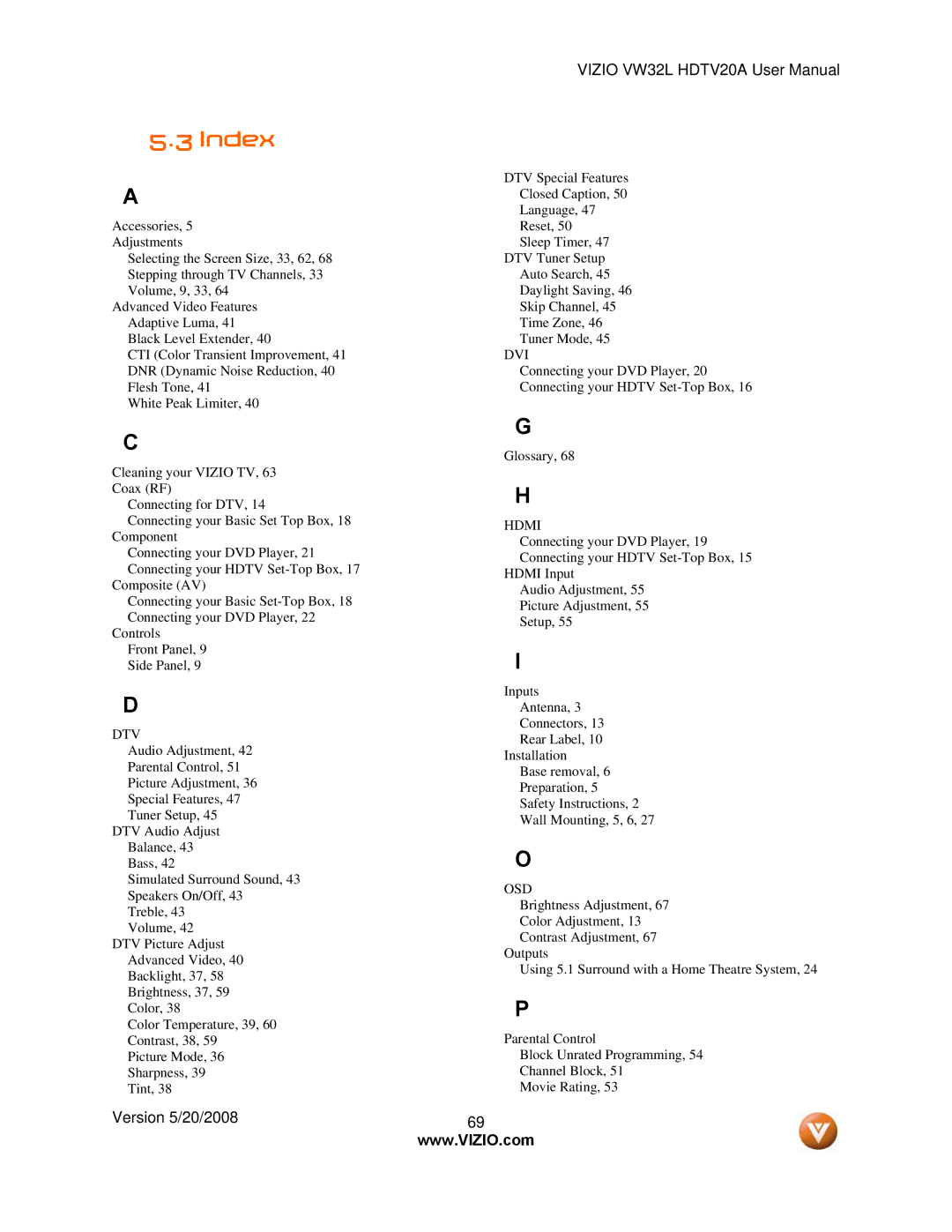 Vizio VW32L manual Index, Dtv 