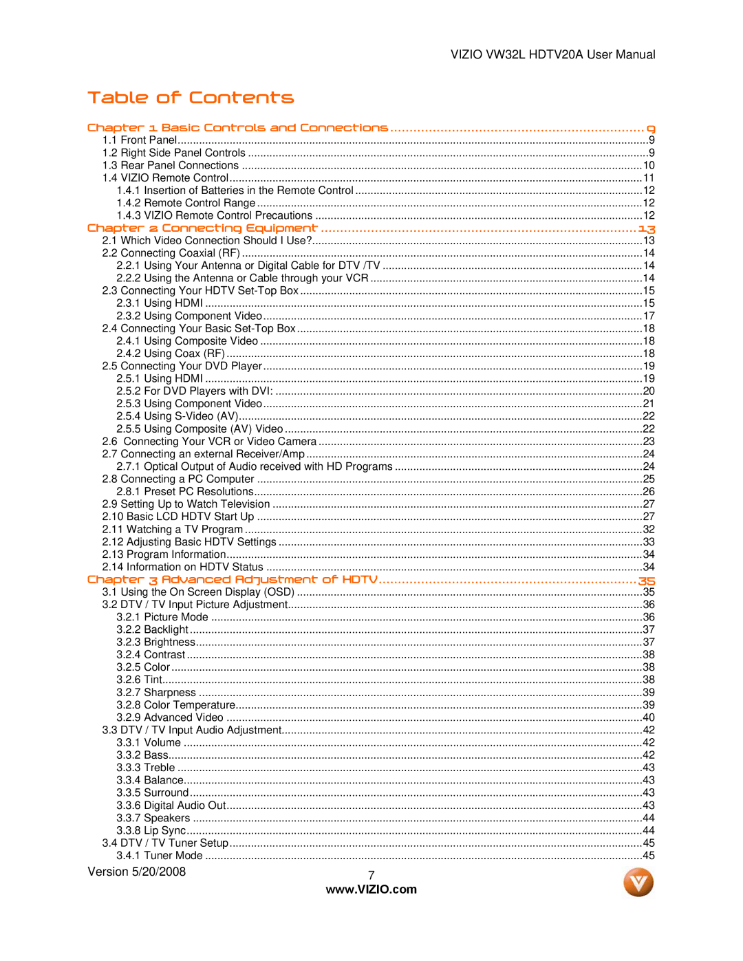 Vizio VW32L manual Table of Contents 