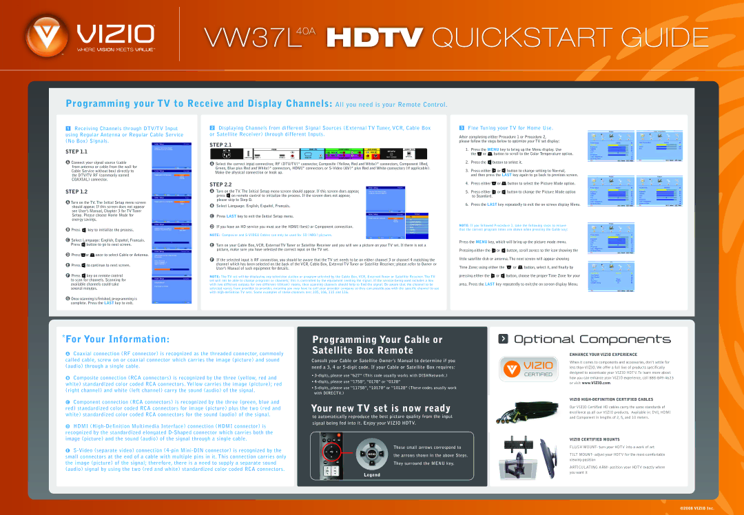 Vizio VW371 40A quick start Optional Components 