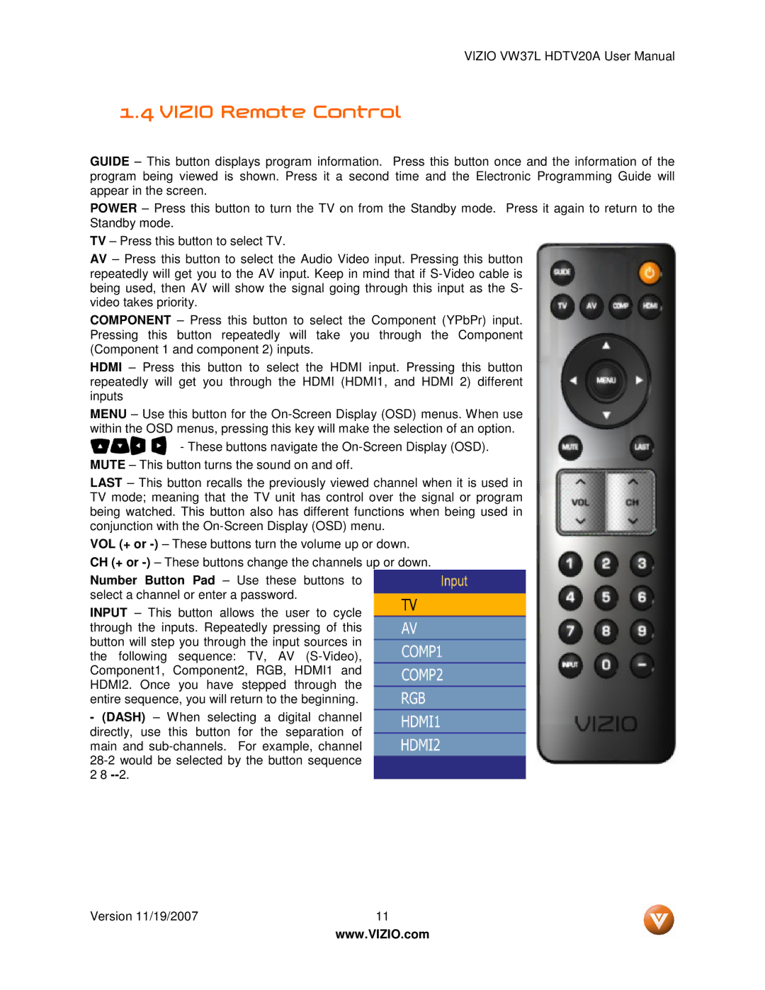 Vizio VW37L HDTV20A user manual Vizio Remote Control 