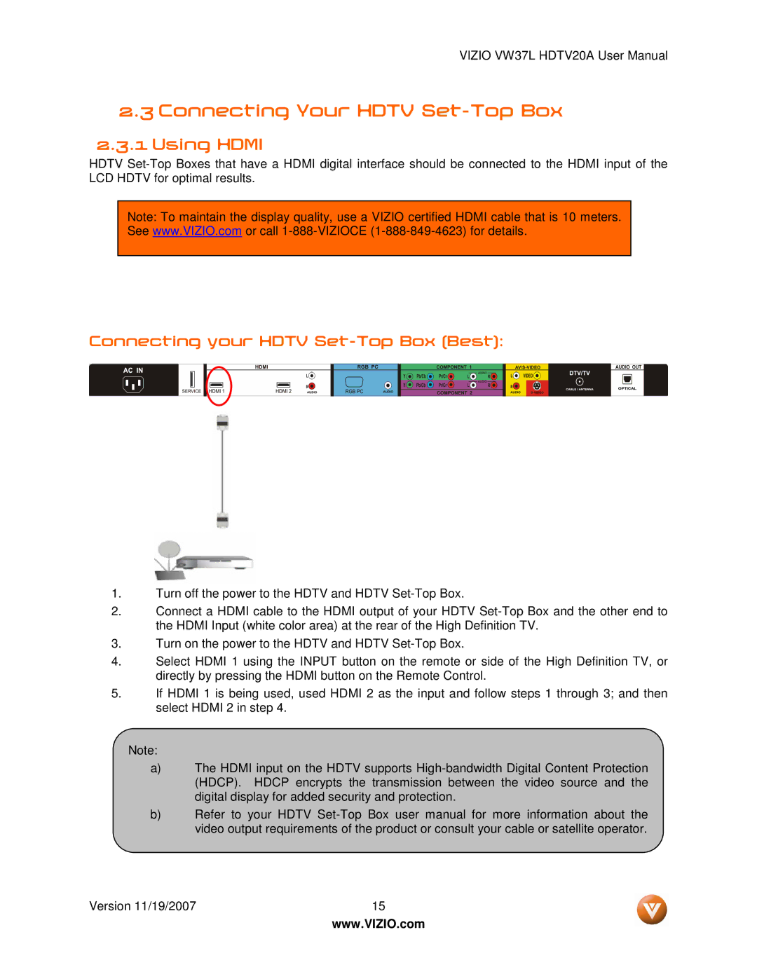 Vizio VW37L HDTV20A user manual Connecting Your Hdtv Set-Top Box, Using Hdmi, Connecting your Hdtv Set-Top Box Best 