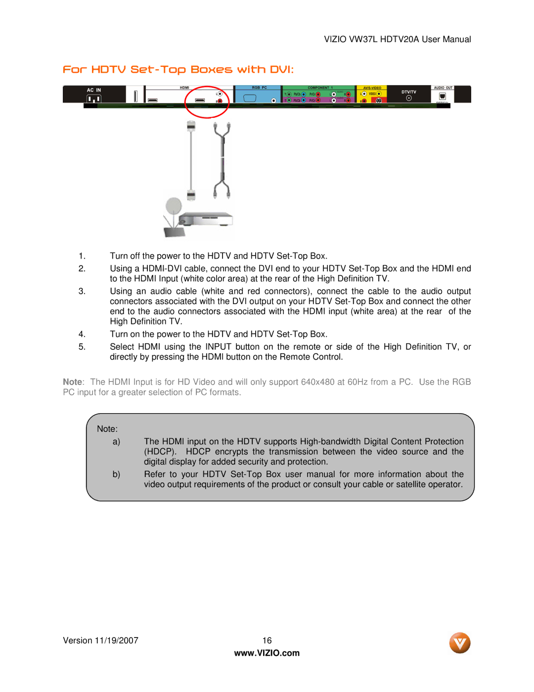 Vizio VW37L HDTV20A user manual For Hdtv Set-Top Boxes with DVI 