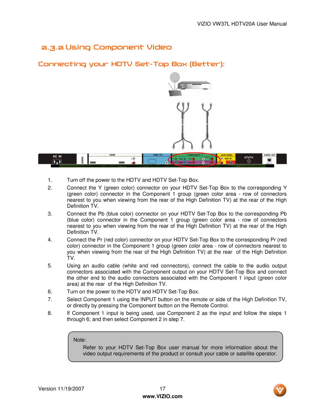 Vizio VW37L HDTV20A user manual Using Component Video, Connecting your Hdtv Set-Top Box Better 