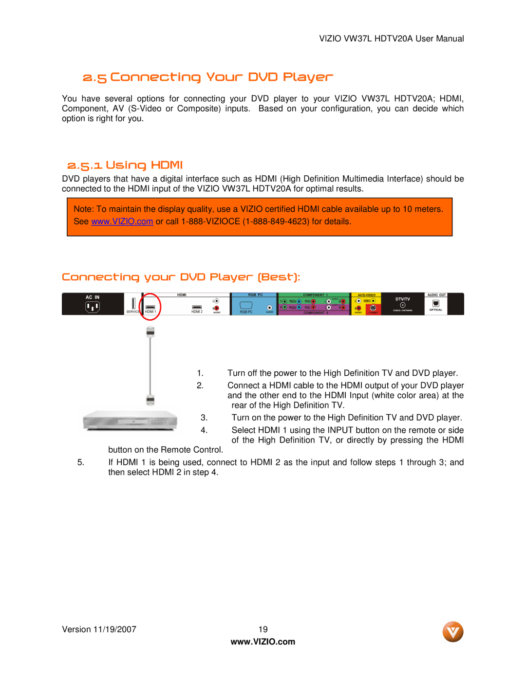 Vizio VW37L HDTV20A user manual Connecting Your DVD Player, Connecting your DVD Player Best 