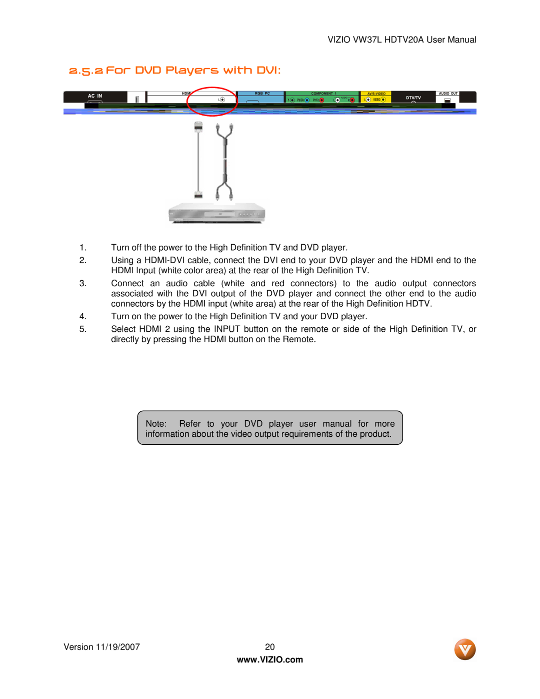 Vizio VW37L HDTV20A user manual For DVD Players with DVI 