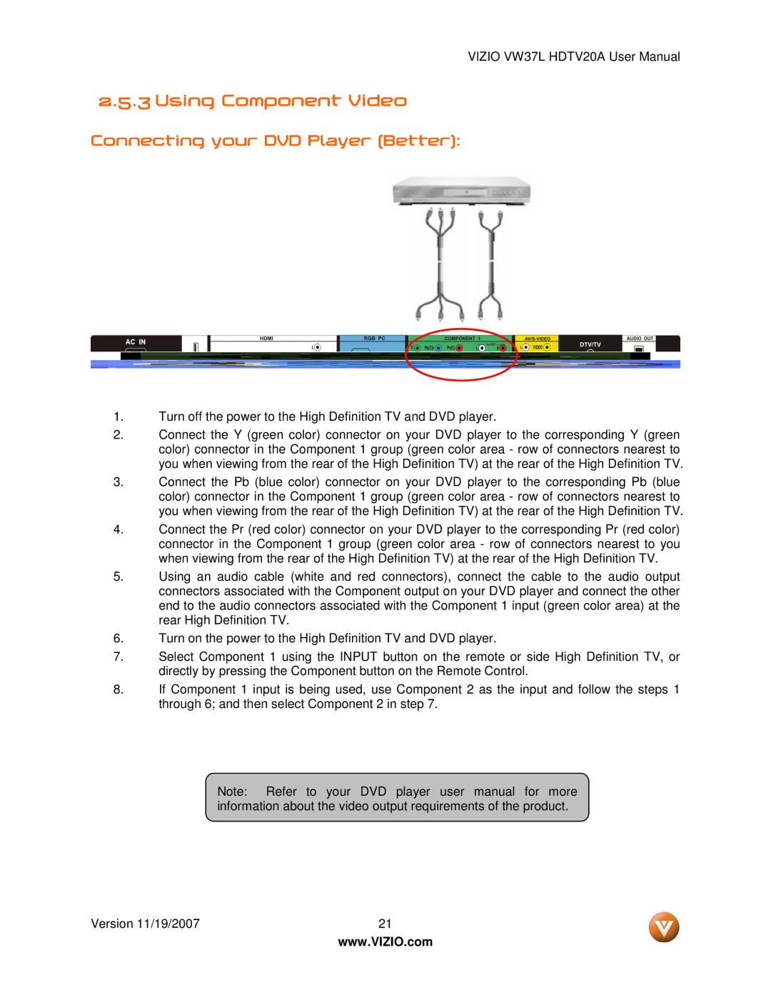 Vizio VW37L HDTV20A user manual Using Component Video, Connecting your DVD Player Better 