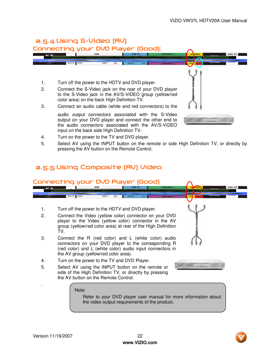 Vizio VW37L HDTV20A user manual Using S-Video AV, Using Composite AV Video, Connecting your DVD Player Good 