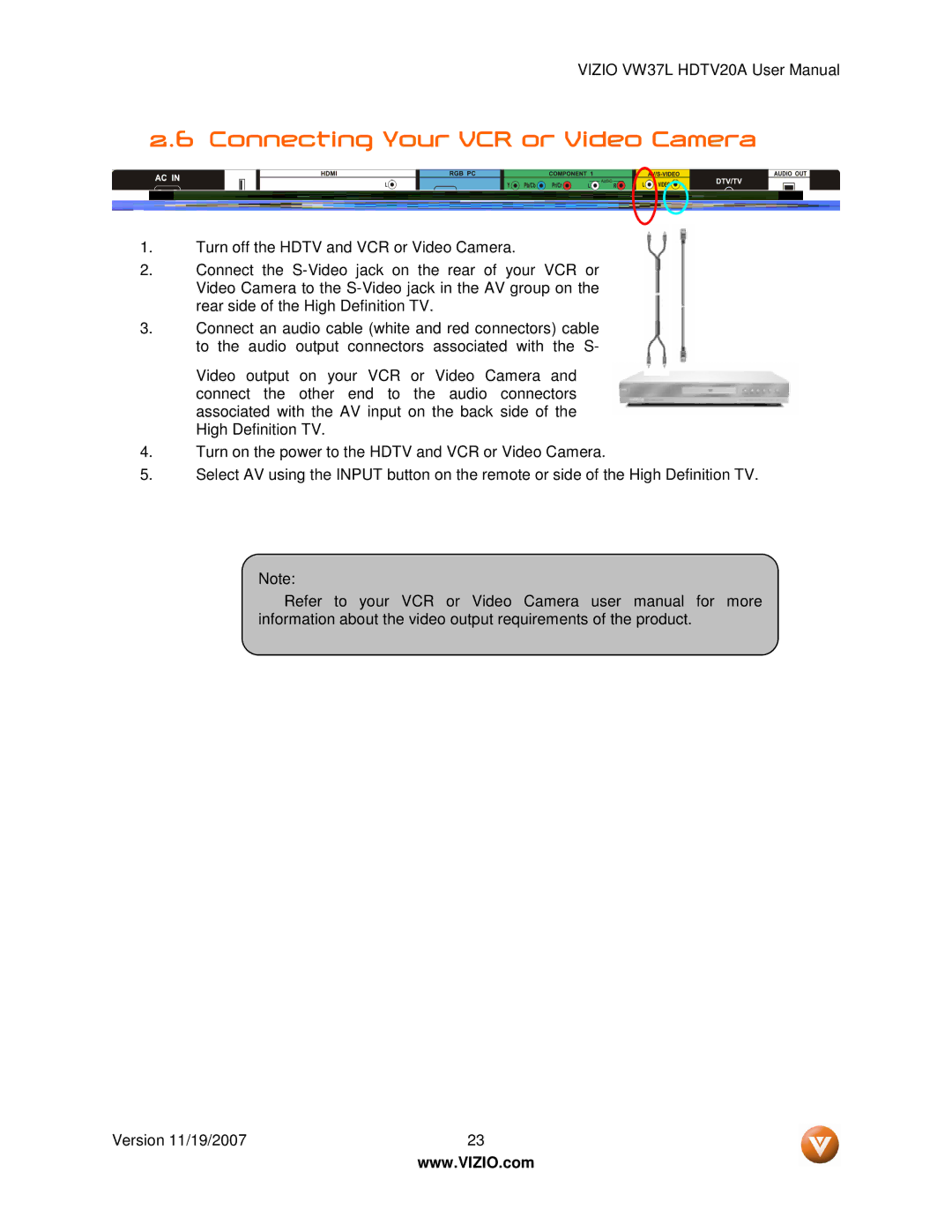 Vizio VW37L HDTV20A user manual Connecting Your VCR or Video Camera 