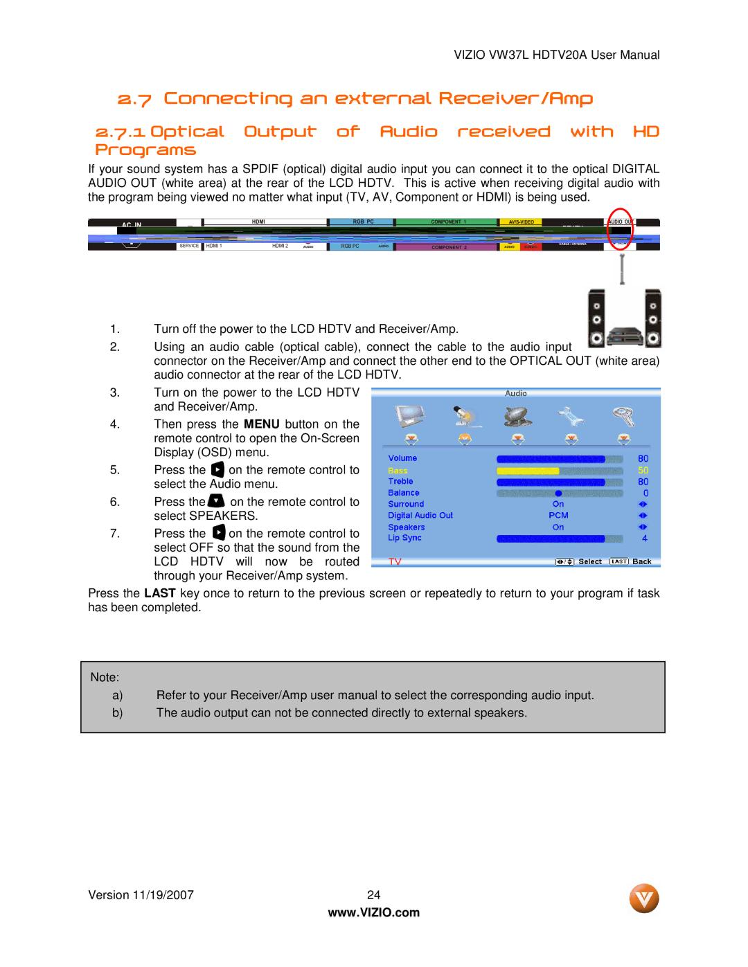 Vizio VW37L HDTV20A user manual Connecting an external Receiver/Amp, Optical Output of Audio received with HD Programs 