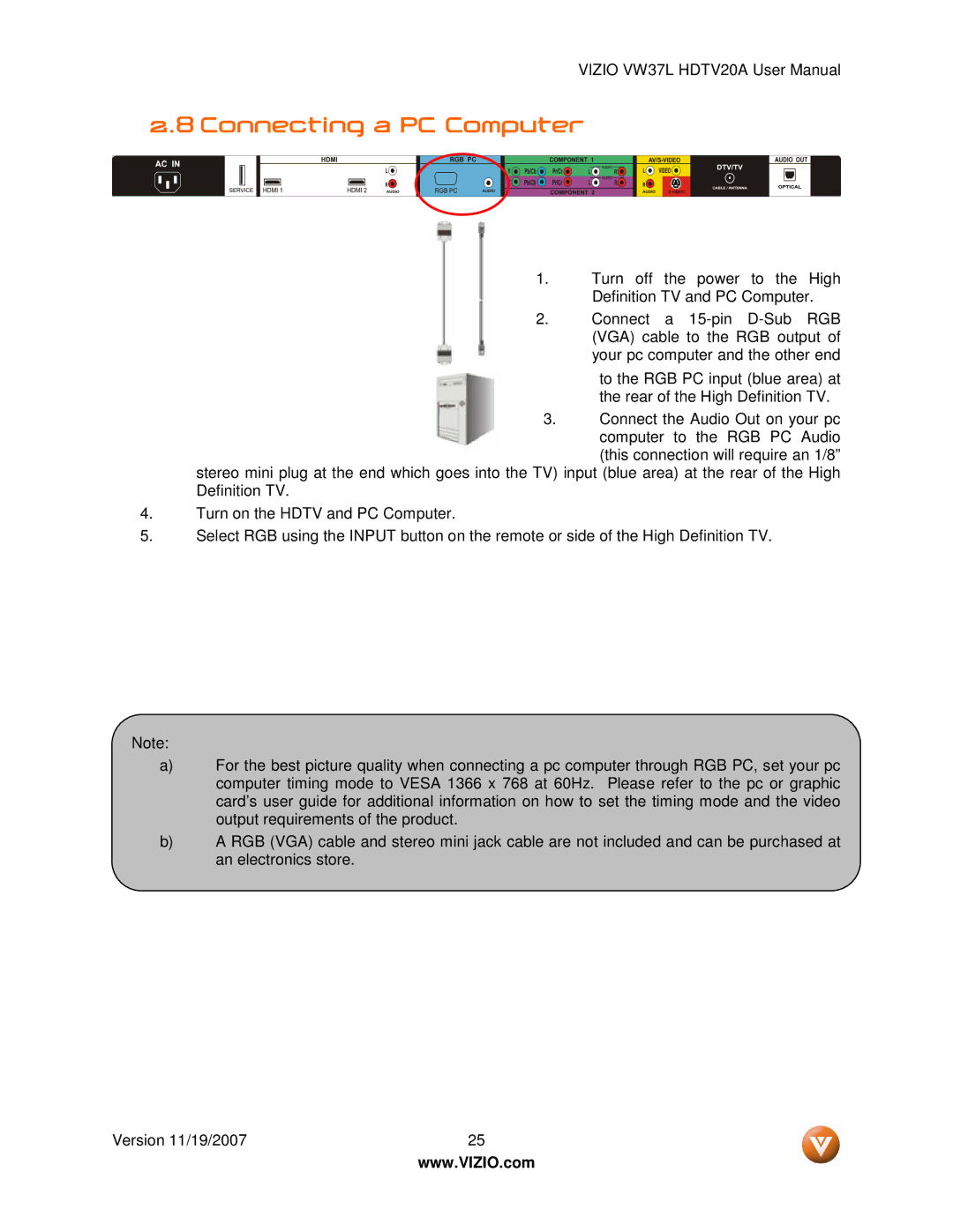 Vizio VW37L HDTV20A user manual Connecting a PC Computer 