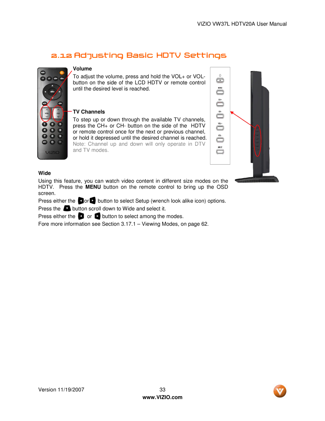 Vizio VW37L HDTV20A user manual Adjusting Basic Hdtv Settings, Volume, TV Channels, Wide 