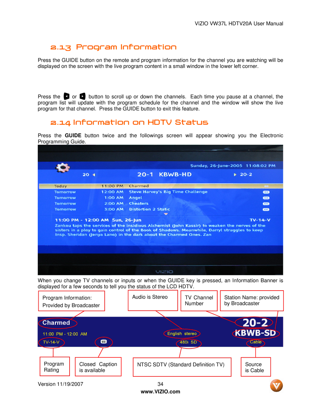 Vizio VW37L HDTV20A user manual Program Information, Information on Hdtv Status 