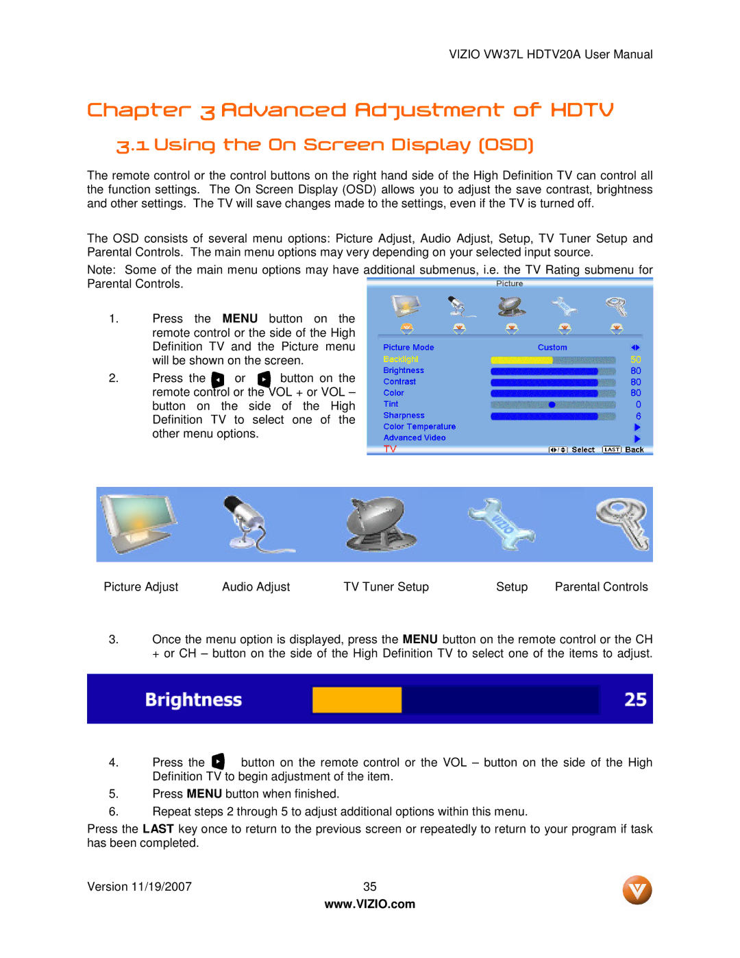 Vizio VW37L HDTV20A user manual Advanced Adjustment of Hdtv, Using the On Screen Display OSD 