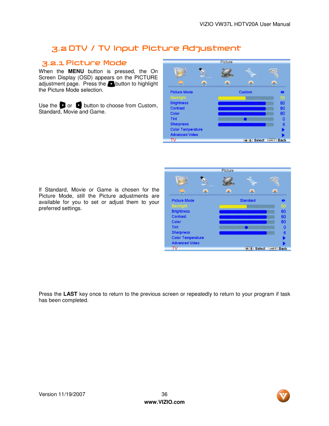Vizio VW37L HDTV20A user manual DTV / TV Input Picture Adjustment, Picture Mode 
